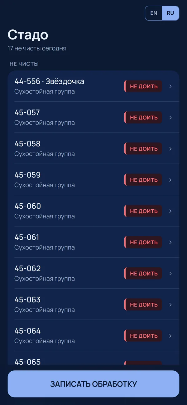 Экран работника со стадом на телефоне: первыми в списке — коровы, которых нельзя доить